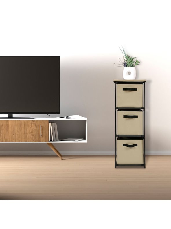 Cajonera Vertical 3 Cajones Beige – Torre de Almacenaje con Estructura Metálica y Tela