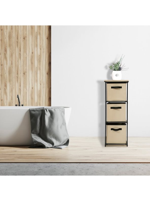 Cajonera Vertical 3 Cajones Beige – Torre de Almacenaje con Estructura Metálica y Tela