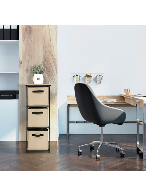 Cajonera Vertical 3 Cajones Beige – Torre de Almacenaje con Estructura Metálica y Tela