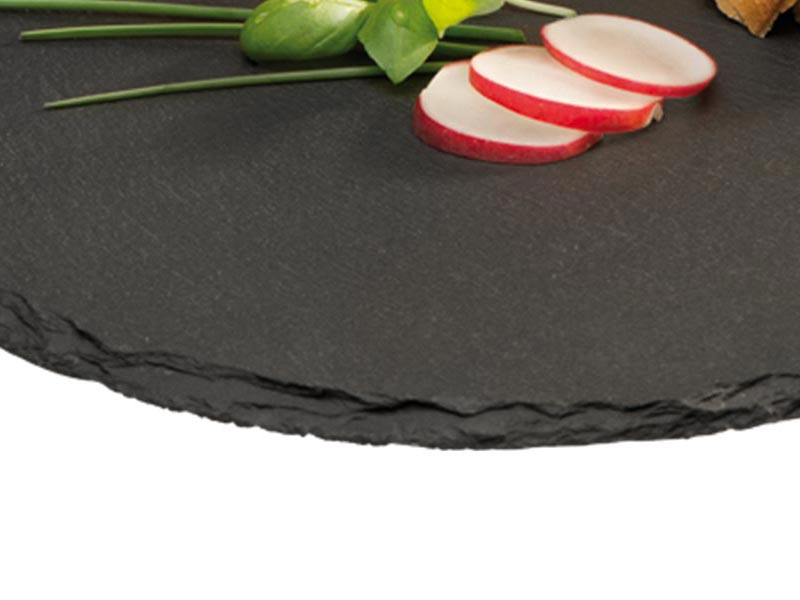 Bandeja de Pizarra Redonda Modelo Básico con Asidero de Acero Inoxidable – Elegancia Natural y Funcionalidad