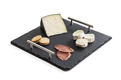 Bandeja de Pizarra Cuadrada con Asas de Acero Inoxidable – Diseño Elegante y Funcionalidad Superior