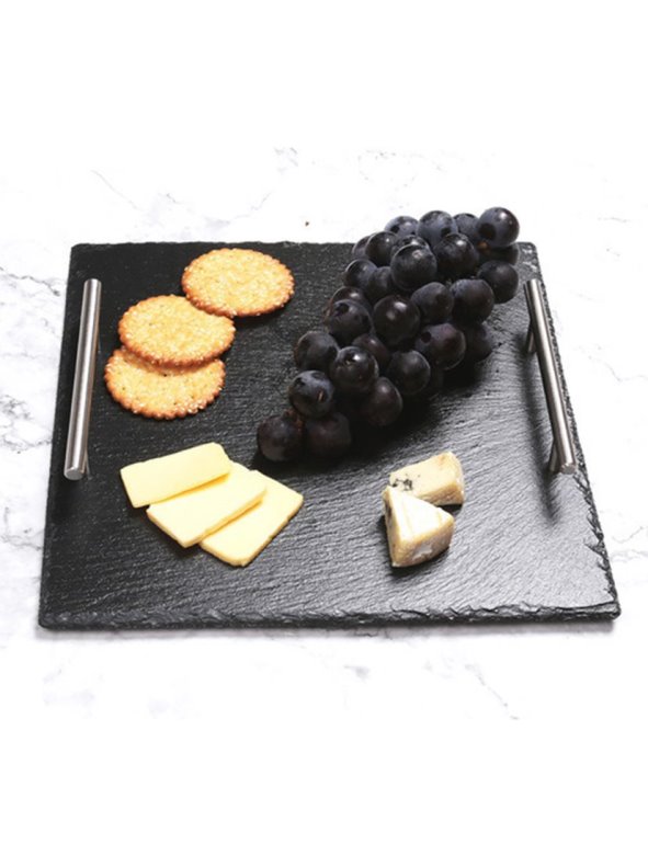 Bandeja de Pizarra Cuadrada con Asas de Acero Inoxidable – Diseño Elegante y Funcionalidad Superior
