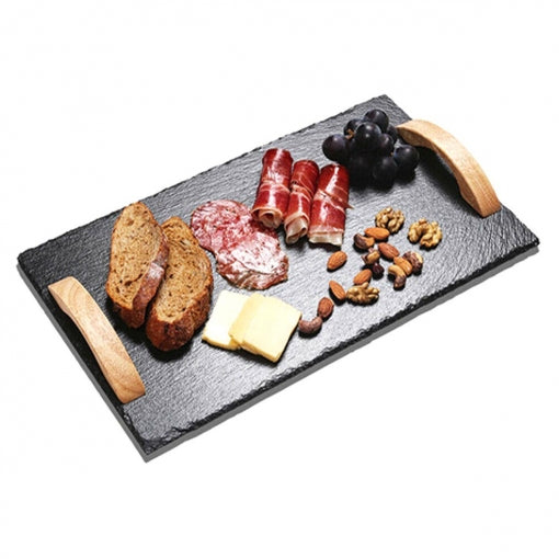 Bandeja de Pizarra Cuadrada con Asas de Madera Natural – Elegancia Rústica para tus Presentaciones