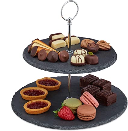 Bandeja Expositor de Pizarra a Dos Alturas con Asidero de Acero Inoxidable – Presentación Elegante y Práctica