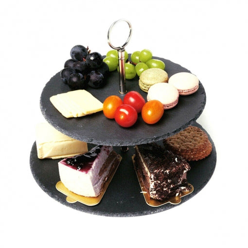 Bandeja Expositor de Pizarra a Dos Alturas con Asidero de Acero Inoxidable – Presentación Elegante y Práctica