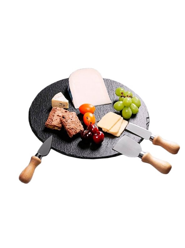 Bandeja de Pizarra Redonda + Set de 3 Cuchillos para Queso – Elegancia Natural para tus Presentaciones