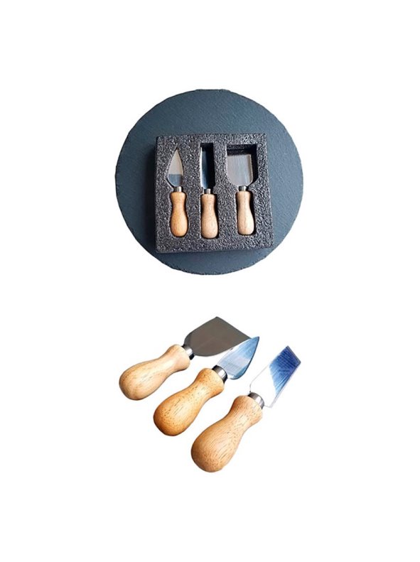 Bandeja de Pizarra Redonda + Set de 3 Cuchillos para Queso – Elegancia Natural para tus Presentaciones