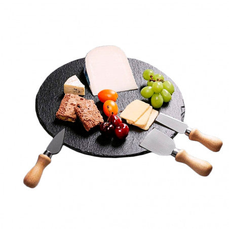 Bandeja de Pizarra Redonda + Set de 3 Cuchillos para Queso – Elegancia Natural para tus Presentaciones