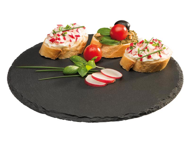 Bandeja de Pizarra Redonda Modelo Básico con Asidero de Acero Inoxidable – Elegancia Natural y Funcionalidad