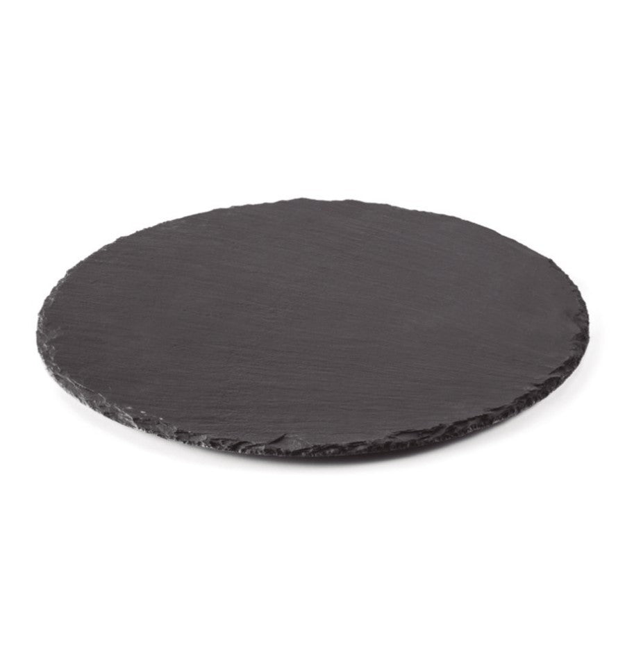 Bandeja de Pizarra Redonda Modelo Básico con Asidero de Acero Inoxidable – Elegancia Natural y Funcionalidad