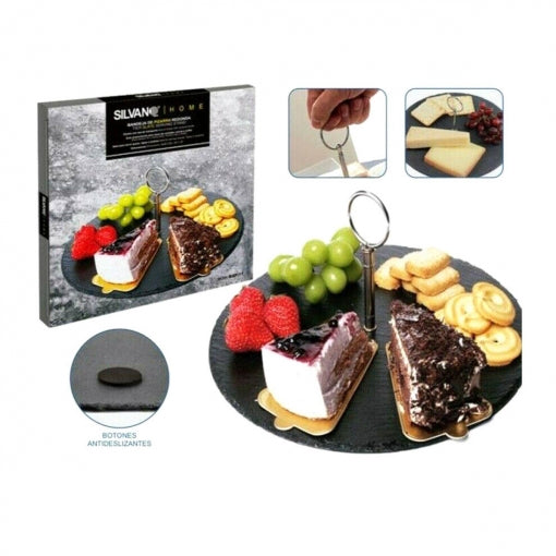 Bandeja de Pizarra Redonda Modelo Básico con Asidero de Acero Inoxidable – Elegancia Natural y Funcionalidad